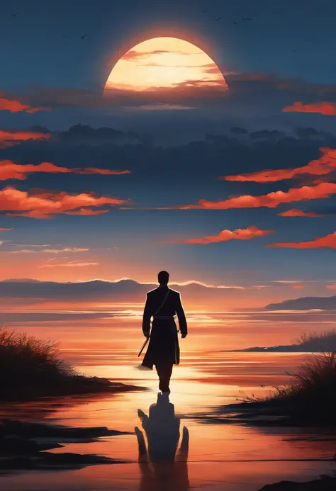 Generate an image in the anime style featuring a rising sun as the backdrop, with a man walking. The scene should capture the mans triumphant and determined expression, exuding a sense of valor and resilience