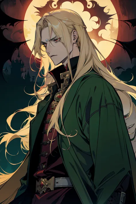 anime, a man with long blonde hair and a green coat, alucard, castelvania, beautiful androgynous prince, magical blond prince, d...