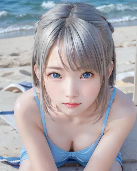 1 girl、 masterpiece, , 8k, Super detailed, 、because I&#39;thin、(flat body:1.34)、cute、downward 、, silver hair, blue eyes, detailed beautiful face, , ,very realistic photo, ,,((lying on the beach))、(shot from above:1.23)、upper shot