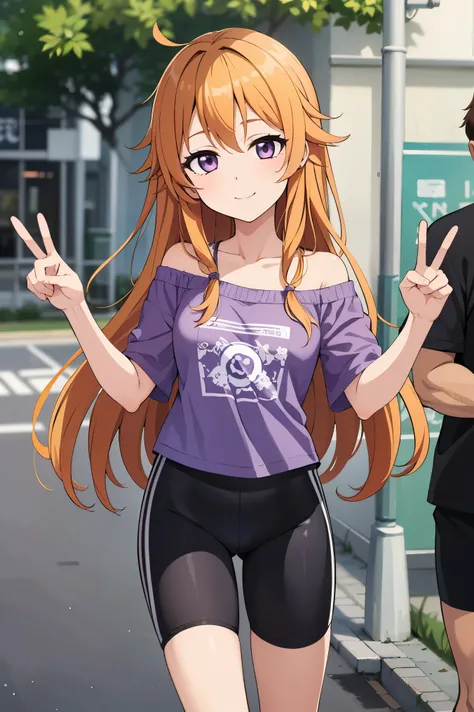 (best quality, masterpiece:1.2), (1girl, solo:1.2), smile, detailed background, (looking at viewer, solo focus:1.2), 
Konoe kanata, long hair, straight hair, purple eyes, blonde hair, off shoulder, light purple shirt, t-shirt short, short sleeves, standing...