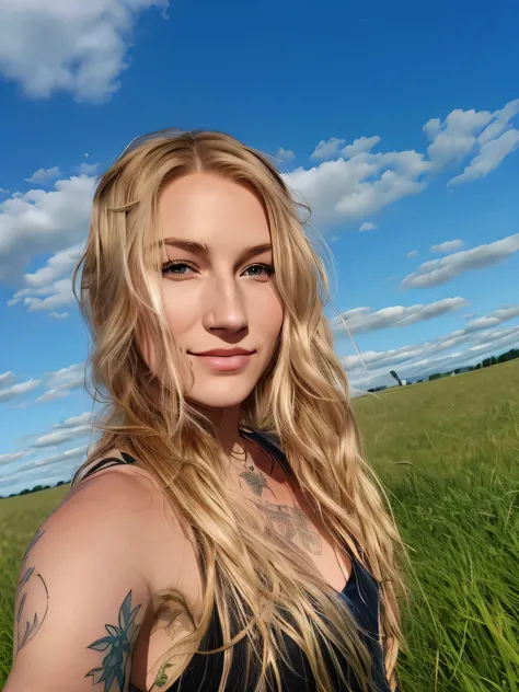 blond woman with tattoos on her arm standing In field, In field, Ukrainian girl, in the middle of the field, on a sunny day, on a sunny day, In a large grassy green field, in a grass field, in sunny weather, in a grassy field, Selfie shooting in 8K resolut...