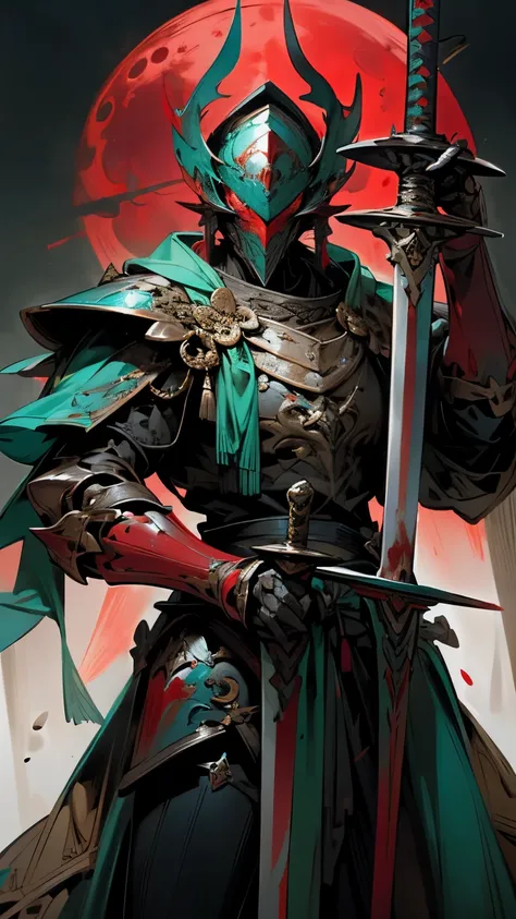 (best quality, masterpiece), Turquoise Screen Filter, (knight,wearing red armor,holding massive sword in his right hand,the sword covered with blood)background ( burnd forest, black sky and red moon)