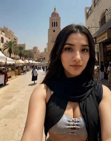 "Capture a selfie in a busy Arabian cityscape, com um pano de fundo que apresente um horizonte adornado com mesquitas majestosas, ruas movimentadas e mercados vibrantes, showcasing the rich cultural tapestry of the Arab world."