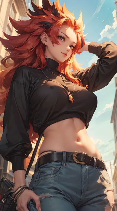 (masterpiece, best quality, ultra-detailed, photorealistic, hdr, 8k), an anthropomorphic moltres, perfect body, wide hips, strolling at the city park, casual clothes, anime realism