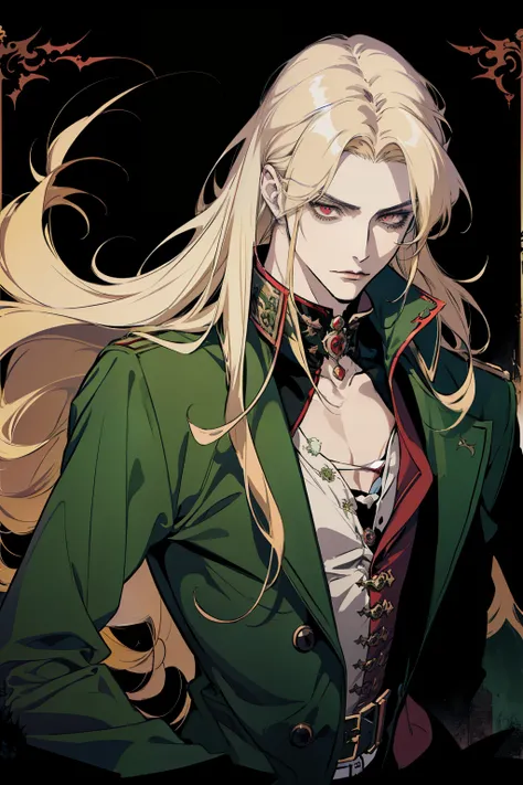 anime, a man with long blonde hair and a green coat, alucard, castelvania, beautiful androgynous prince, magical blond prince, delicate androgynous prince, handsome male vampire, casimir art, anime handsome man, key anime art, l vampire, fin wildcloak, joh...