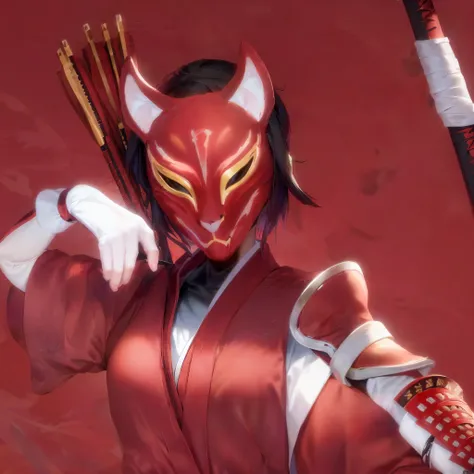 anime character with a yellow outfit and a white mask holding a red arrow, fox nobushi holding a naginata, anthropomorphic cat ninja, tabaxi monk, fox nobushi, kitsune inspired armor, with kitsune mask, tabaxi :: rogue, wearing golden cat armor, female sam...