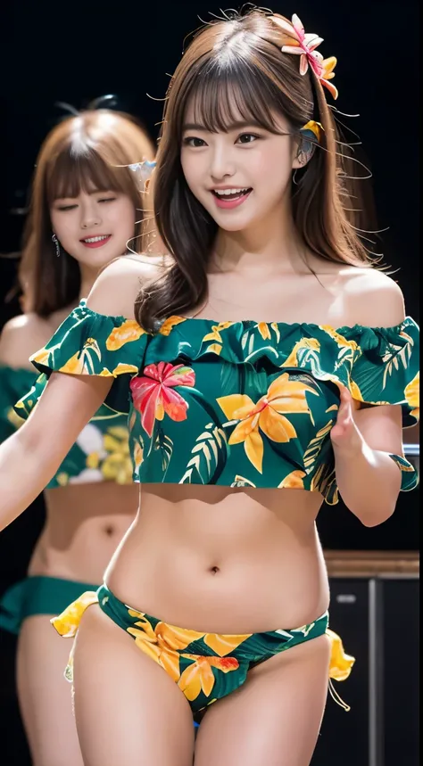 ((masterpiece、highest quality))、shape、Ultra detailed 8K、realistic、sharp focus、very detailed、professional lighting、colorful details、detailed face、detailed expression、Euphoric look、(((dancing at a concert:1.5)))、(((Short ruffle vintage aloha print off should...