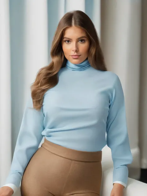 (Uma fina, Curvaceous woman). (cabelo castanho claro, longo e ondulado. Ela tem 26 anos. ((Ela usa uma blusa azul clara, elegant turtleneck and sophisticated white pants)) Well-groomed and realistic hands. She is in a modern and elegant room, com cortinas ...