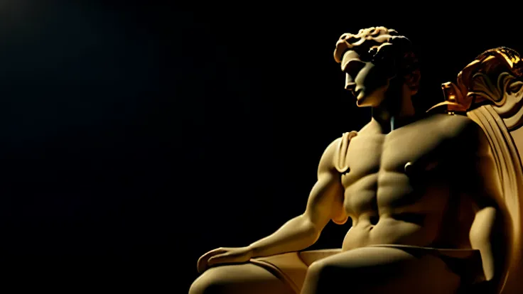 Cinematic 8K hyper-realistic, stoic marble statue, Greece in the background, dark background, Greek mythology, colossal, illuminated by a radiant light, ultra detailed, is characterized by its extraord