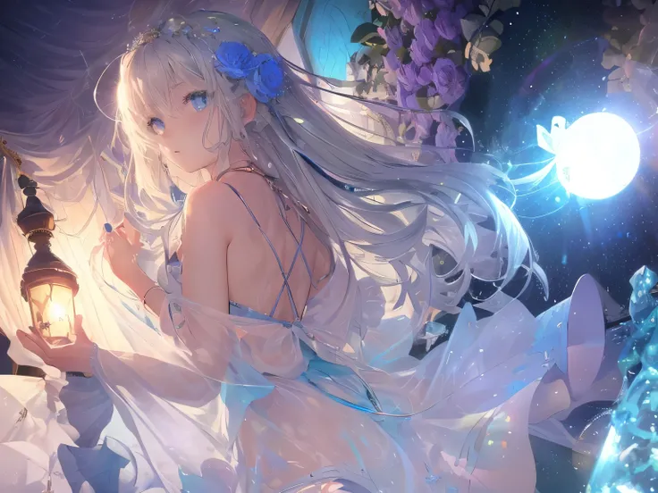 Art by Cornflower, dream-like (A girl with beautiful and detailed eyes. The depth of field in the photo was perfect, Lens flare adds a nice accent, {{side boob:2}}, wet transparent dress