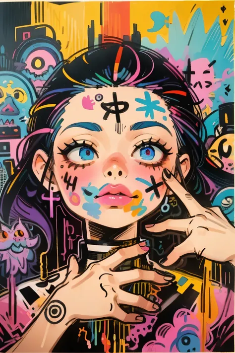 (best quality,4k,8k,highres,masterpiece:1.2),ultra-detailed,realistic,portrait,detailed eyes,detailed lips,extremely detailed eyes and face,long eyelashes,1girl,graffiti,wall,art,canvas,sketch,creative,urban style,vibrant colors,graffiti artist,paintbrushe...