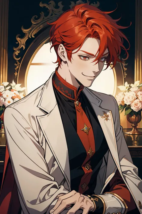 a close up of a person with red hair and a wearing fantasy formal clothing, handsome guy in demon slayer art, [[[[grinning evily]]]], beautiful androgynous prince, orange - haired anime boy, friedly smile, roguish smirk, charming sly smile, with red hair, ...