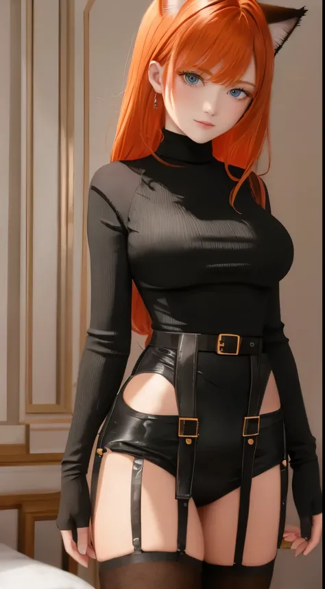 mother, Masterpiece, Best quality, ultra detailed, Beautiful lighting, 1 girl, Orange hair, cat ear, Green eyes, freckles, turtleneck top, I look at the viewer, detailed black stockings with belt, juicy ass
