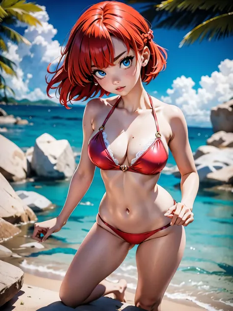 Redhead anime with bright pink bikini, saia, 16 anos, corpo bonito, seios grandes, com as hands on chest, hands on chest, Garota sexy, red short hair with braid, mechas de cabelo laterais, mechas de cabelo na lateral do rosto, beautiful lighting, sombras s...