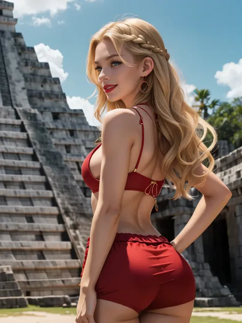 Caucasian woman, blonde hair, wavy hair, long hair, braided hair, green eyes, lined eyes, dark red lipstick, smile, athletic body, small breasts, red blouse, red shorts, earrings, necklace, pyramid in the background from ((Chichen Itza)), from behind, defi...