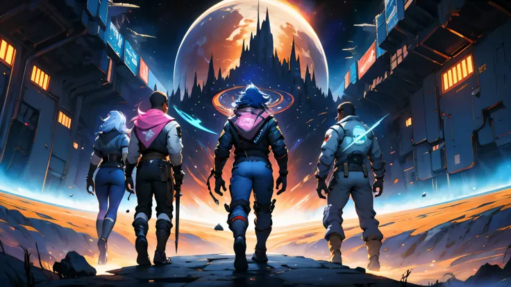 a wallpaper written "numenera: the knife's edge:" with just 5 characters, 3 men and 2 women, dressed in futuristic clothes diffe...