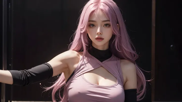 A girl with long light pink soft purple hair, perfect big booba , good quality, detailed beauty face, wearing black crop top