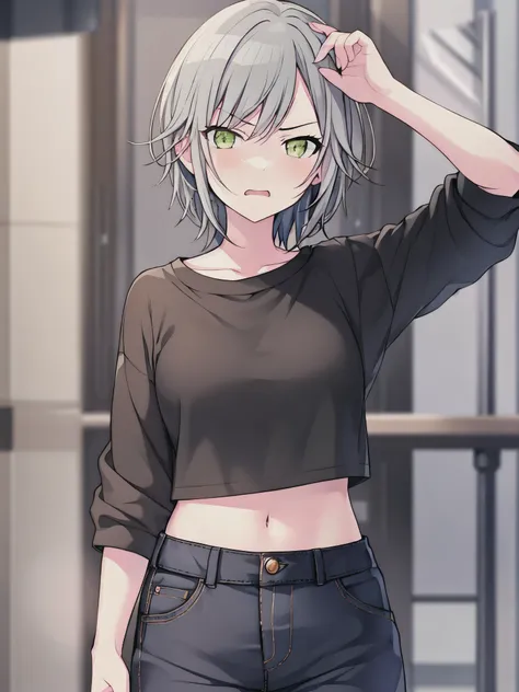 (masterpiece), short hair, grey hair, small breasts, hinomori shiho, tomboy, shiho_h, wearing short_pants
,embarrassed,angry mou...