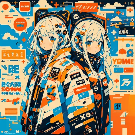 anime girl with orange and white jacket and black jacket surrounded by stickers, anime mecha aesthetics, anime style 4 k, anime ...