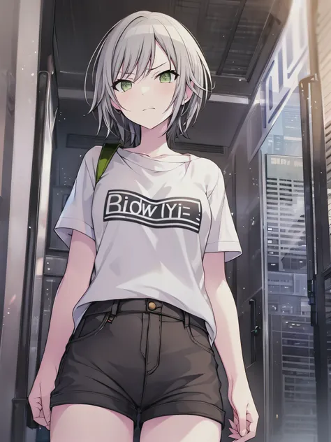 (masterpiece), short hair, grey hair, small breasts, hinomori shiho, tomboy, shiho_h, green eyes,wearing short_pants
,embarrasse...