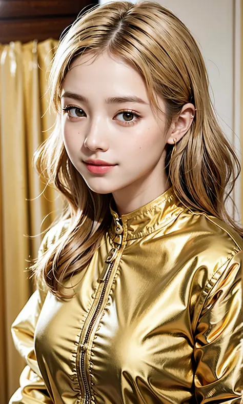 girl, golden clothes, Scattered gold coins, looking at camera, exquisite features, random hair color, 8k, super clear、12 years old、smiling、