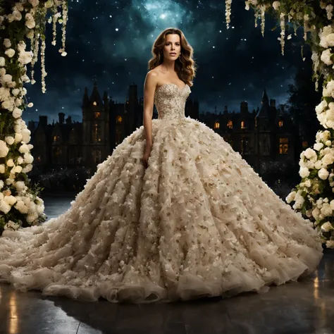 A high resolution, Absolutamente lindo，uma mulher (Kate Beckinsale) (27 anos)，O vestido Creme Caramelo，The debutante ball skirt is long to the floor, with a beautiful aurora borealis and very detailed in the night sky, com um jardim de flores detalhado, wi...