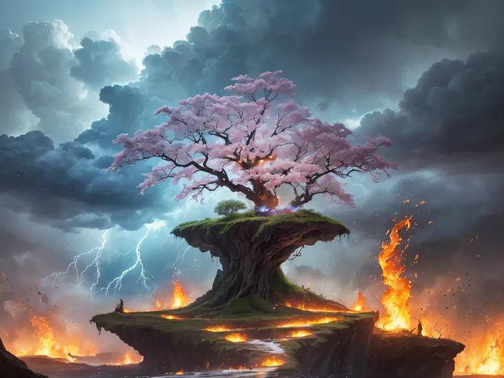 ((highest quality)),(ultra high resolution),(Super detailed),(detailed description),((best CG)),(best work of art),super precision art,amazing drawing art,(Art with precise details:1.5), Angry thunder and fire rains down from the sky and burns everything d...