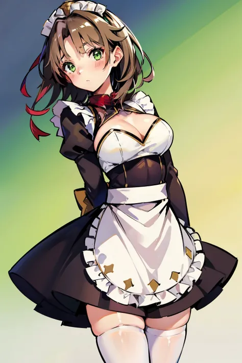 girl, Exeter, medium large breasts, brown hair, blown hair, wavy hair, medium hair, green eyes, maid, maid outfit, maid uniform, black dress, white apron, white thigh-highs, shy, blush