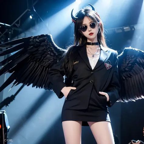 sunglasses,satanic necklace,choker, black suit, suit with tie, showing tits, black veil, satanic earing,standing in the stage, a...