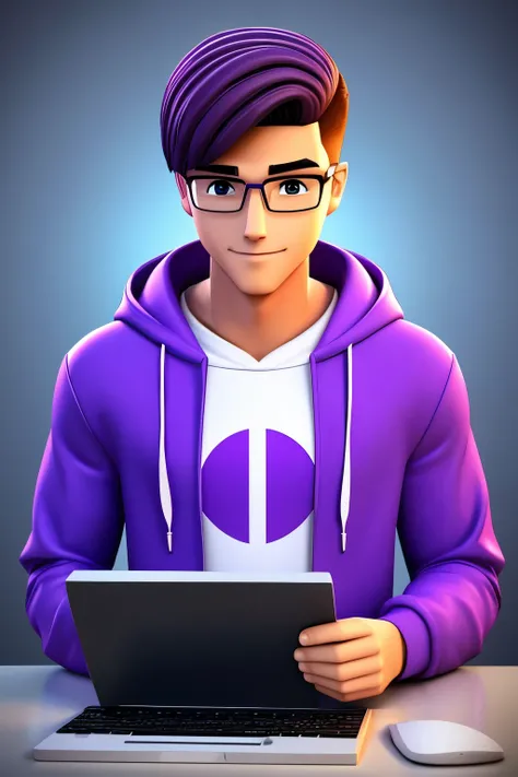 A 3D cartoon character of a young male computer geek, perfectly centered, wearing a purple hoodie, looking charismatic and intelligent.