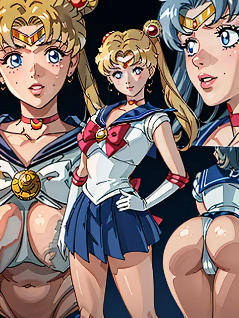 Obra maestra, Mejor calidad, absurdos, perfect anatomy, 1 chica, solo,  Luna, 1990s (Estilo), rubia marinero luna, de pie, sonrisa, tiro de vaquero, Uniforme Marinero Senshi, cuello marinero, Falda azul, Guantes de codo, en pose de espaldas, shows off his ...