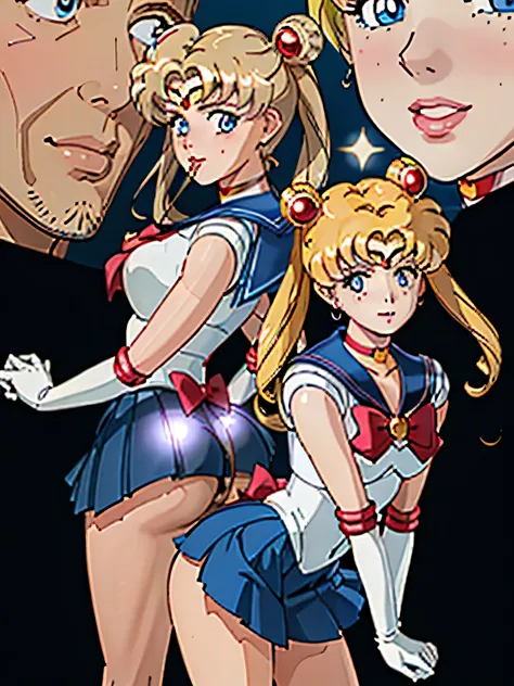 Obra maestra, Mejor calidad, absurdos, perfect anatomy, 1 chica, solo,  Luna, 1990s (Estilo), rubia marinero luna, de pie, sonrisa, tiro de vaquero, Uniforme Marinero Senshi, cuello marinero, Falda azul, Guantes de codo, en pose de espaldas, shows off his ...