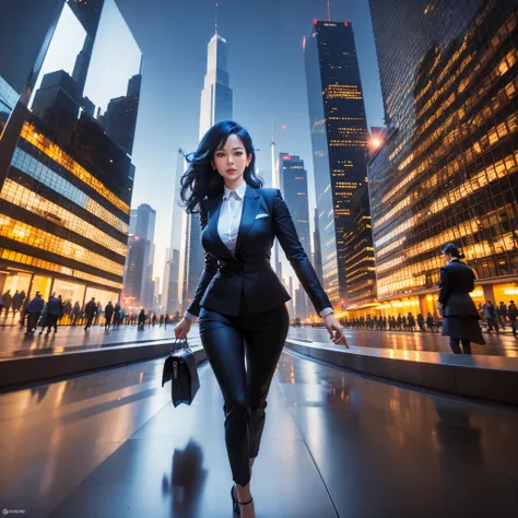 (best quality,4k,8k,highres,masterpiece:1.2),ultra-detailed,professional woman walking to work on metropolitan city,cityscape with towering skyscrapers, bustling streets filled with people and vehicles, confident and determined expression on her face, styl...