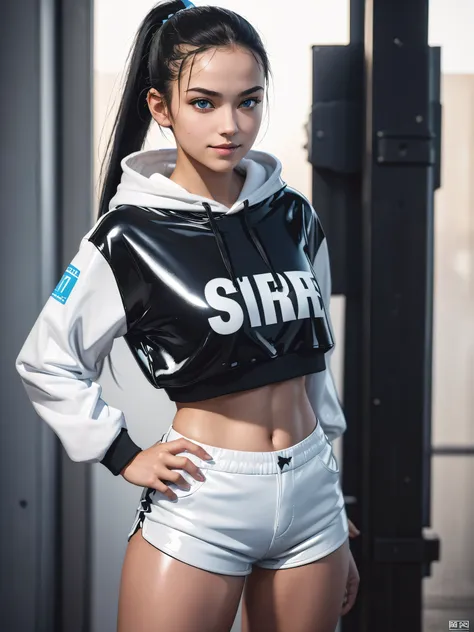 18 year old girl, black hair, blue eyes, (white latex short shorts), ponytail, realistic, (photorealistic: 1.4), smirk, crop top...