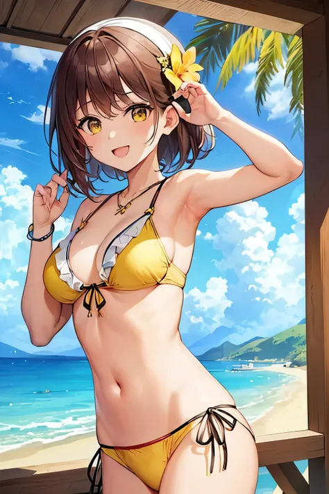 masterpiece、highest quality、high resolution、tropical summer、(2nd place swimsuit:1.3)、(yellow bikini:1.3),1 girl、brain out、solo、l...