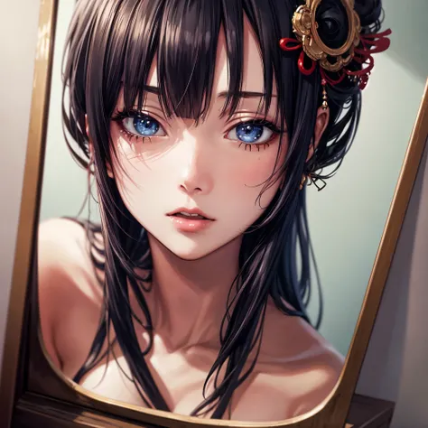 anime, busty, huge , 80s, shocked, black hair, straight, dark skin, mirror selfie, prison, front view, gaming, geisha

(best quality), (masterpiece), (detailed), (beautiful detailed eyes), (good handasterpiece: 1.2, top quality), (live action, intricate de...