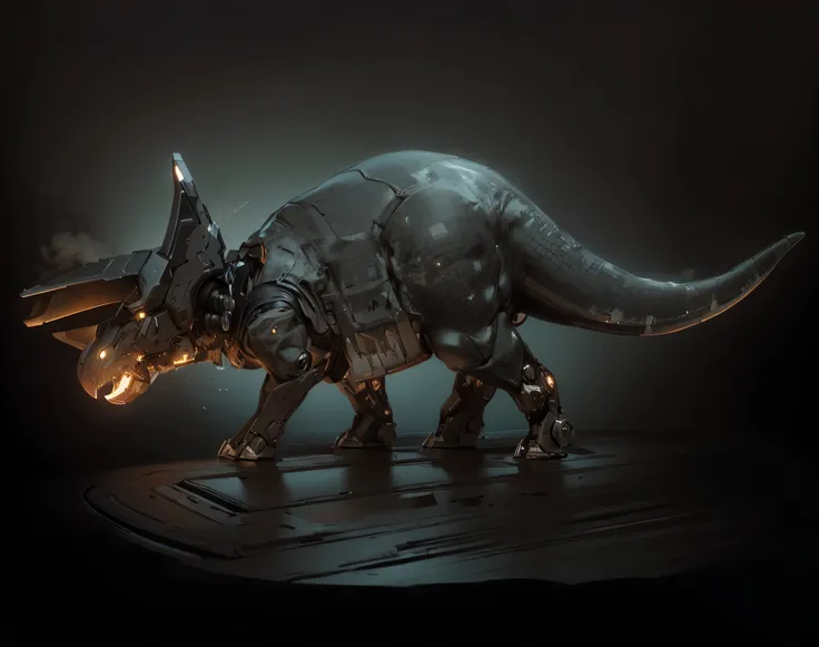(futuristic:1.5,cyberpunk),(Black canvas background:1.4,blurred background:1.4), Mechanical Triceratops, (Mechanical body:1.2, mechanical limbs:1.2, gear joints, Glowing eyes, realistic scifi cyberpunk armo),Ray Tracing, Reasonable structure,backlight, clo...