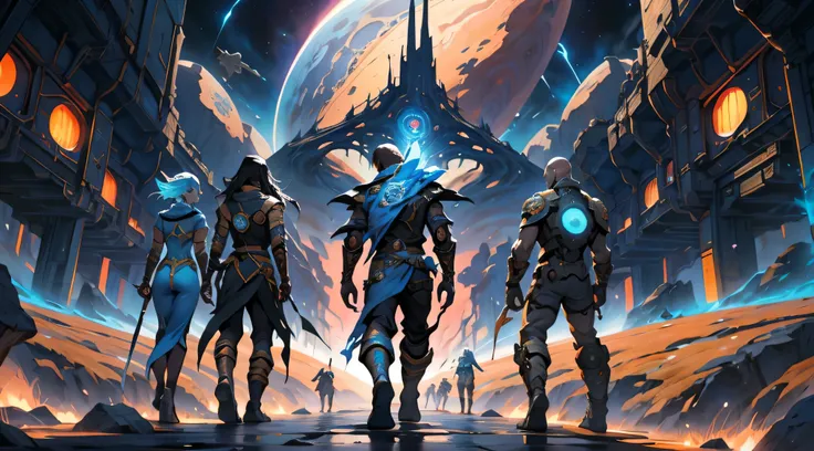 A wallpaper written "Numenera: The Knifes Edge:" with just 5 characters, 3 men and 2 women, dressed in futuristic clothes different from each other, wielding different weapons, seen from a distance and with their backs on an unknown planet looking at a dar...