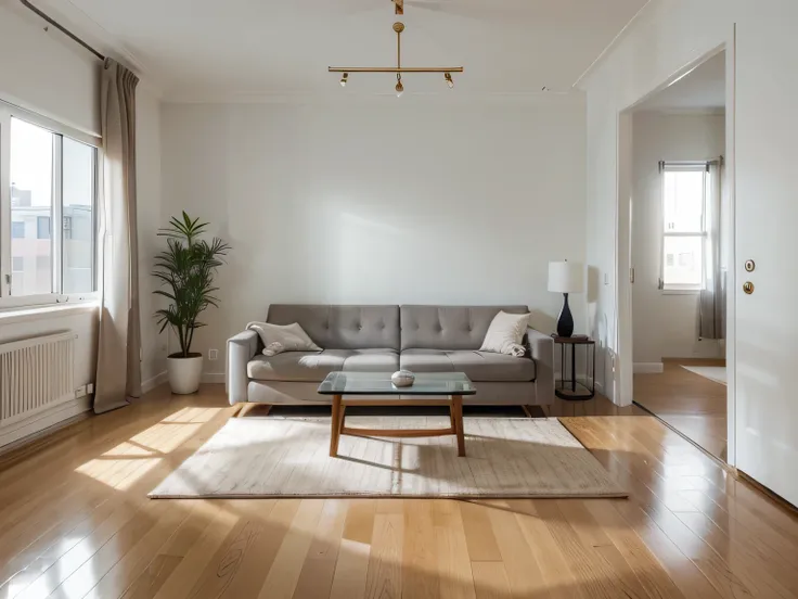 Real Estate photography style, (wide shot), (ultra-detailed), apartment living room, minimalist and modern decoration, few furniture, illuminated, symmetrical, elegant, clean room, volumetric lighting, professional photography, real estate listing, HDR, re...