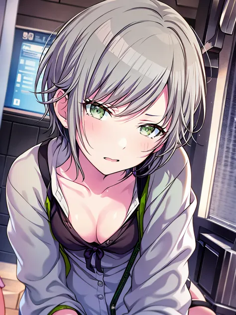 (masterpiece), short hair, grey hair, small breasts, hinomori shiho, tomboy, shiho_h, green eyes,
,embarrassed,nsfw,((angle of v...