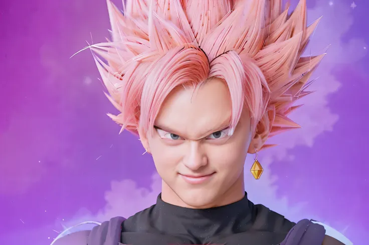 Close-up of a cartoon character with pink hair, pink iconic character, Dragon Ball Super, Goku&#39;shape of, your picture, black, spiky, I&#39;m a fierce Saiyan.., Super Saiyan, going Super Saiyan, Best Anime Character Designs, highly detailed your picture...