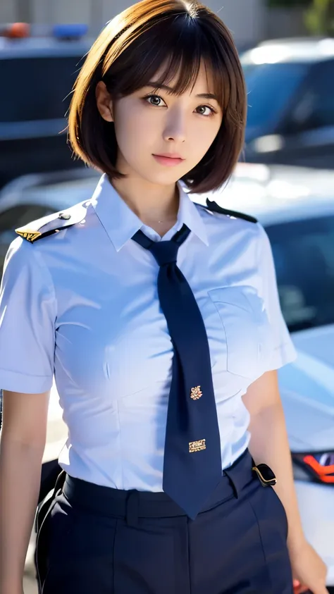 police uniform,short hair,masterpiece, highest quality, Super detailed, shape, beautiful and detailed eyes, close, 1 girl, beautiful japanese girl,big breasts,standing in front of a police car,full body photo,upright