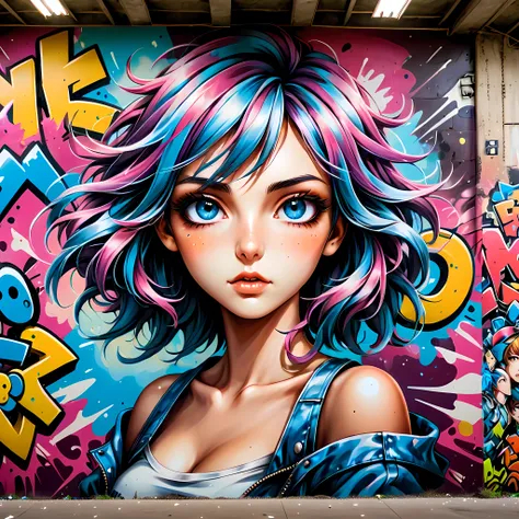 a mural of graffiti comic in a building wall.

(best quality,realistic),(close-up),(anime artwork:1.1),(mural),(venus 5 style:1....