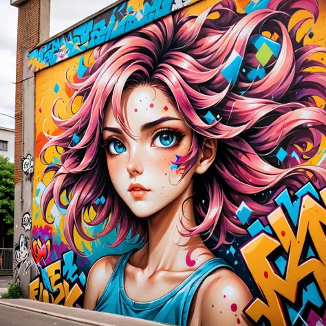 a mural of graffiti comic in a building wall.

(best quality,realistic),(close-up),(anime artwork:1.1),(mural),(venus 5 style:1....