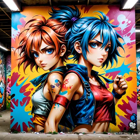 a mural of graffiti comic in a building wall.

(best quality,realistic),(close-up),(anime artwork:1.1),(mural),(chrono cross sty...