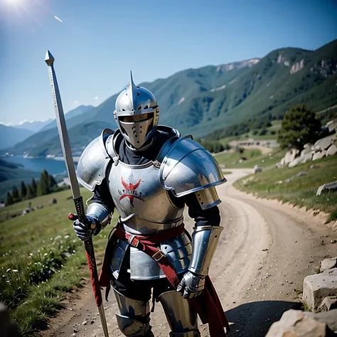 medieval knight in full armor standing holding sword, realista, lente grande angular, detalhado, photographic, 8K