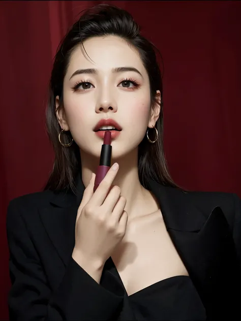 arafed woman in black suit holding a lipstick in her hand, maquillaje popular de corea del sur, Fan Bingbing, maquillaje coreano popular, inspirado en Zhang Yin, inspirado en Liu Haisu, sha xi, Gongbi, labios rojos profundos, labios rojo oscuro, xianxia, L...