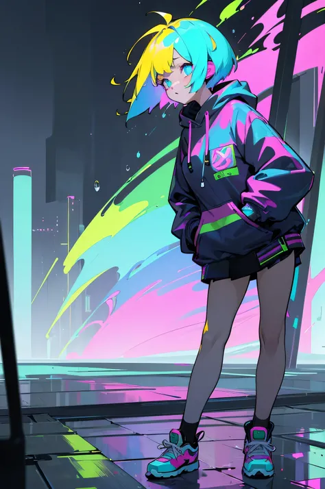 resolution、((top-quality))、neon,((​masterpiece))、((ultra-detailliert))、1 woman、solo、incredibly absurdness、Oversized hoodies、headphones、Street、plein air、Sateen、neons、Shortcut Hair、Brightly colored eyes、Hands in pockets、a miniskirt、water dripping
