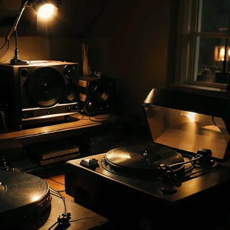 A character in a cozy room filled with vinyl records. Theyre holding a record, with a turntable beside them. The atmosphere is warm, with a retro lamp casting soft light over the scene.