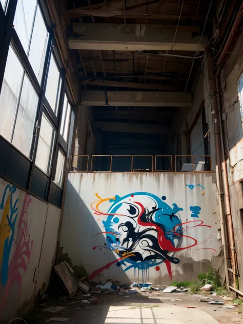 Extreme detail,masterpiece,abandoned factory,new life,graffiti art,artists gathering,canvas of dreams and hopes,symbol of rebirth and hope